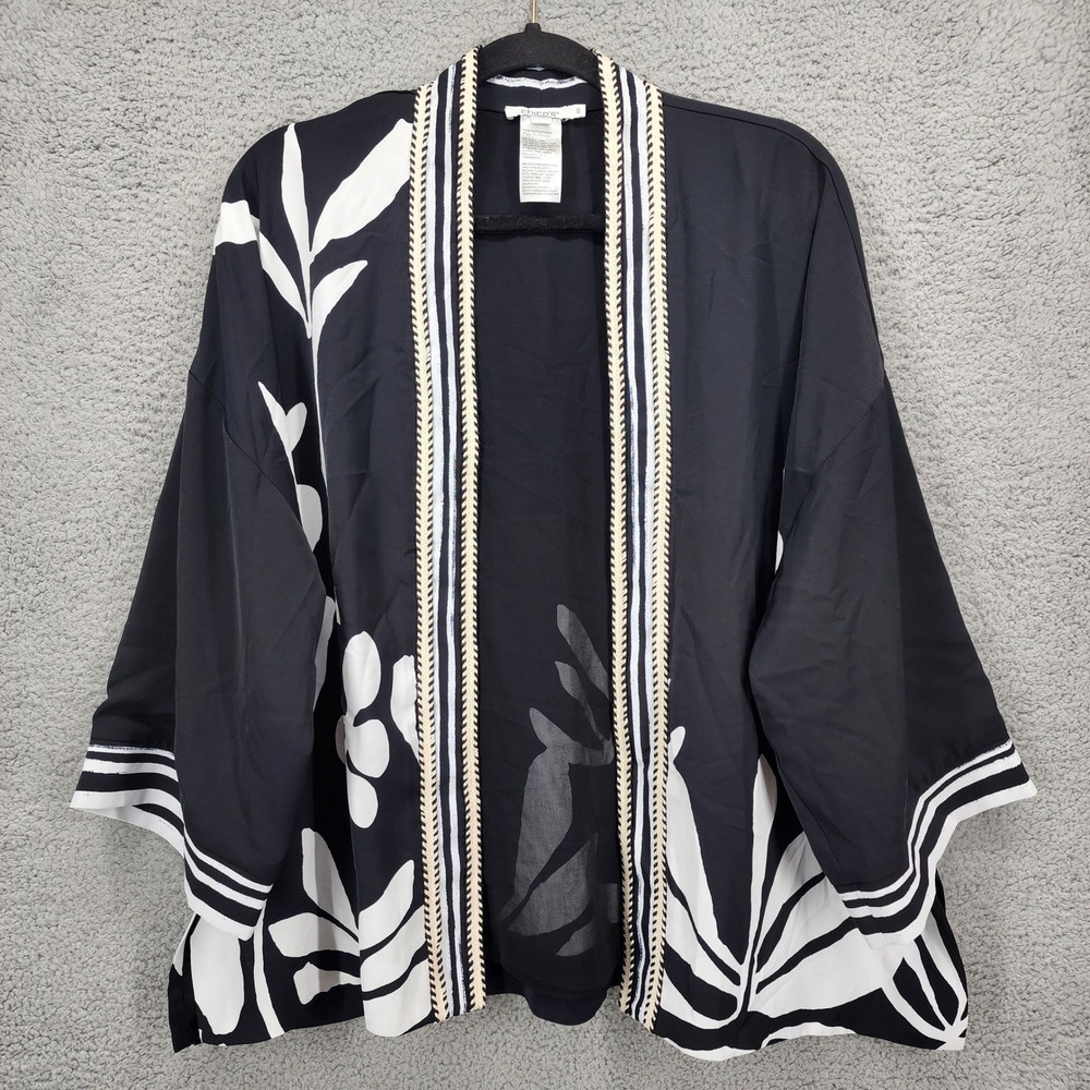 Chicos Black White Tropical Leaf Print Kimono Jacket Cardigan Women Small